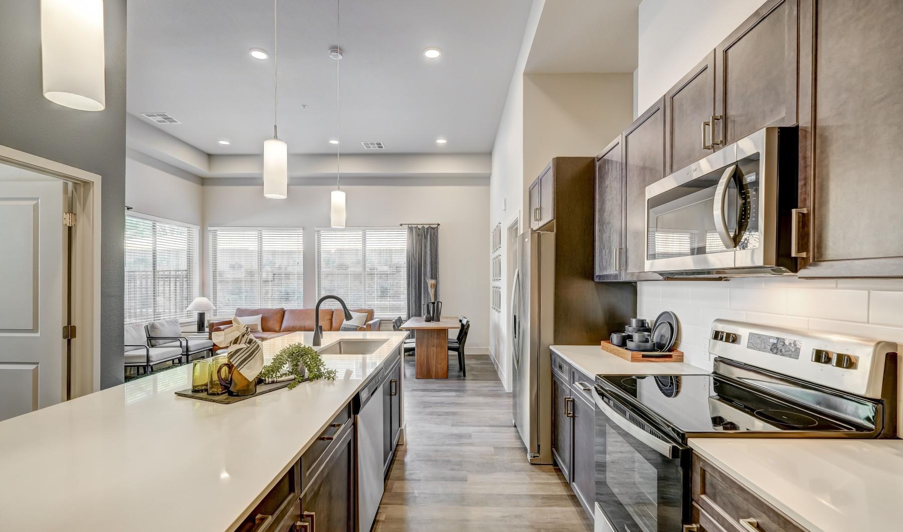 a kitchen with a large island